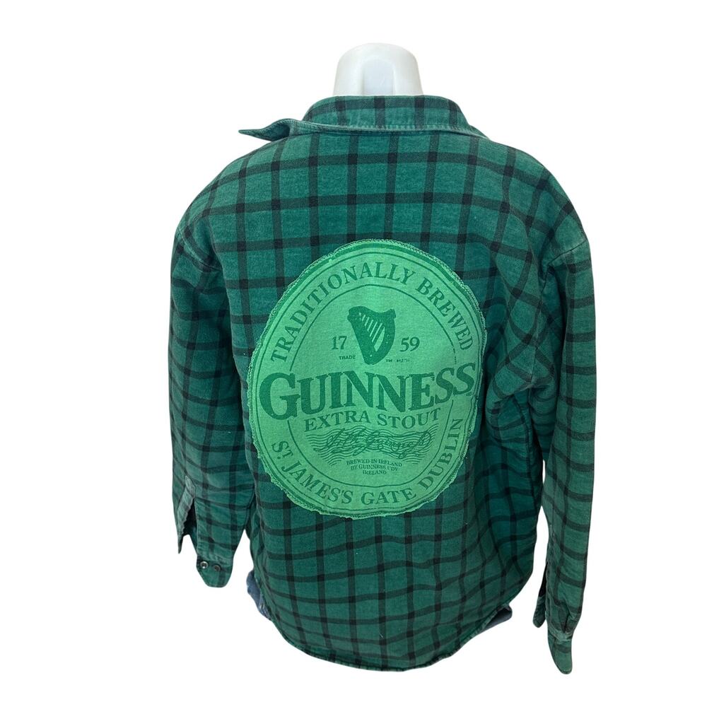 Guinness Beer Label Plaid Flannel Shirt LARGE Oversized Unique Upcycled Shacket